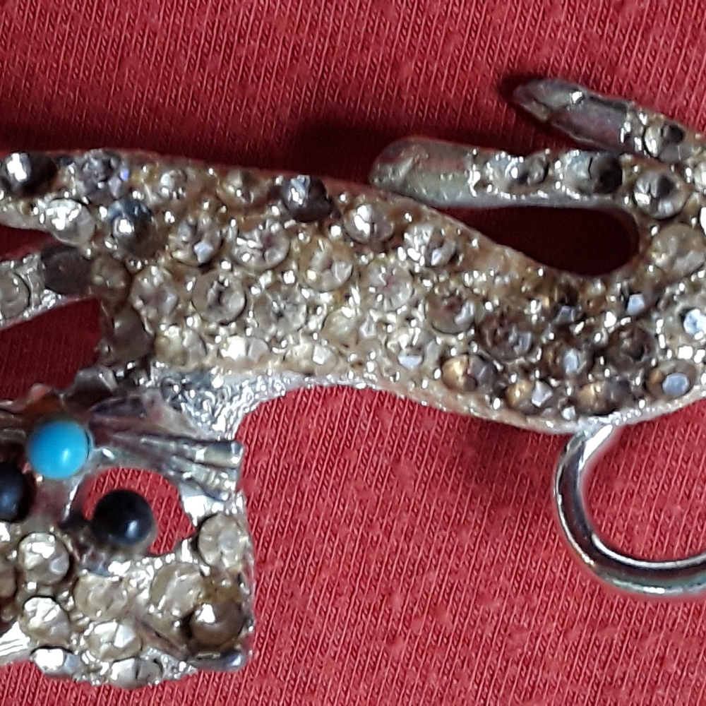 😻 Vintage PIN  Cat Rhinestone Glass Eyes  Brooch  TURQUOISE NOSE - Picture 5 of 16